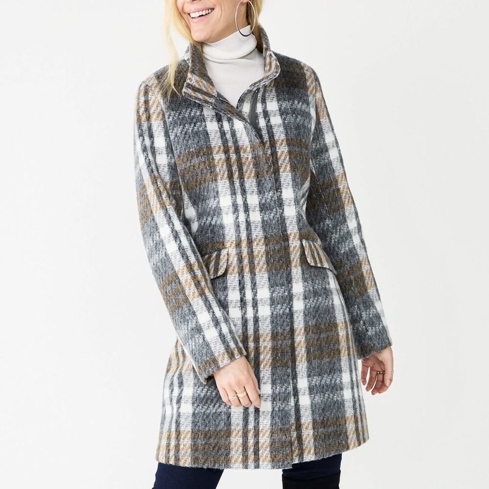 Nine West Gray Brown White Plaid Fuzzy Faux Wool Car Coat Jacket Size L